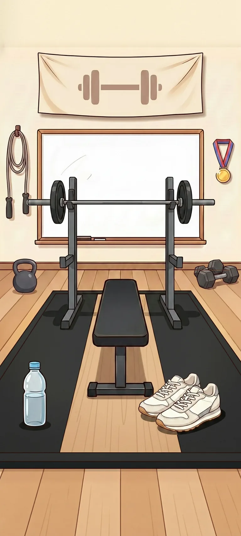 The Fitness room, furnished: a banner, a jump rope, a medal, a squat rack, a bench, dumbbells, a kettlebell, a water bottle and running shoes.